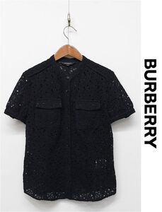 HGA-I297/ BURBERRY LONDON 半袖ブラウス シースルー 総レース 総柄 花柄 38 M 濃紺 三陽商会