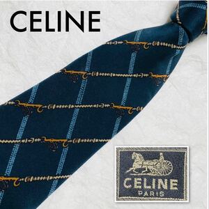 CELINE セリーヌ　ネクタイ　チェック　ベルト　金具　シルク100% スペイン製　ブルー系