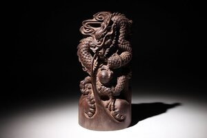 ☆百合☆沈香彫刻　龍戯珠彫　高さ約26.7cm　(検)香木 香道具 透かし彫り 中国美術 唐物 古玩 骨董 古美術