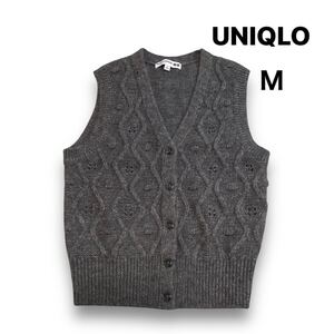 【送料無料】UNIQLO ユニクロ ポインテールベスト ニット 前開き ニットベスト Vネック レディースＭ　グレー