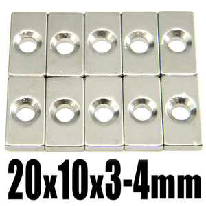 【10個セット】穴あき ネオジム 磁石 N35 超強力 角形マグネット ★ 20mm×10mm x 厚み3mm 皿穴4mm 