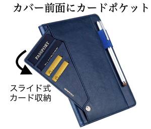 iPadカバー タッチペン お得なブルーライトカットフィルムセット 手帳 mini mini4 mini5 iPadケース タブレット 保護 便利 収納 名刺 紺