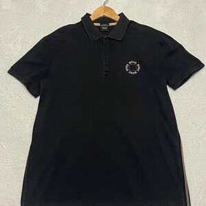 美品/XLサイズ●ヒューゴ ボス HUGO BOSS 半袖 ポロシャツ ロゴ ゴルフウェア ストレッチ 鹿の子 大きいサイズ 黒 メンズ サイドライン