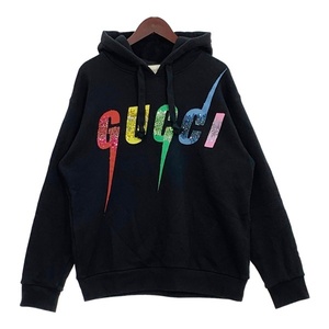 GUCCI スパンコール ロゴ パーカー フーディー スウェット トレーナー プルオーバー メンズ Sサイズ ブラック グッチ トップス DM12420■