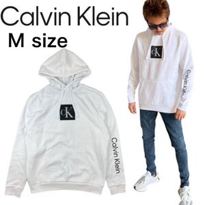 カルバンクライン パーカー 40QC401 スウェット ホワイト Mサイズ プリントロゴ 裏起毛 CALVIN KLEIN TRAVELING MONOGRAM HW 新品