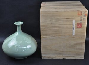 韓国陶窯 金正黙 白象嵌陽刻丸壺鶴紋 高さ約24cm 共箱付 花瓶 花入 韓国美術 高麗 陶磁 陶芸 骨董 アンティーク コレクション