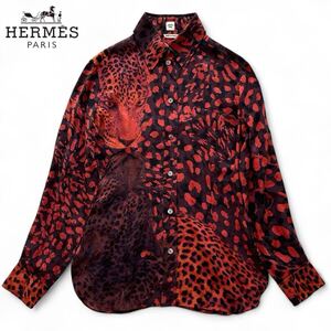 希少■ゴルチエ期■ HERMES エルメス シルク100% ブラウス ロングスリーブ 長袖 レオパード 豹柄 パンサー レディース 38 国内正規品