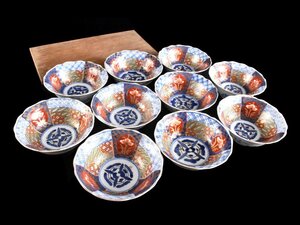 【雲】某収集家放出品 古伊万里 色絵金彩花絵付小鉢 10客 直径12.5cm 高さ5.5cm 箱付 古美術品(懐石料理道具)AY3008 LTLeyur