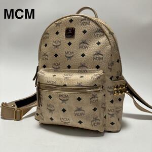 f64【美品】MCM エムシーエム　レザー　革　総柄　ヴィセトス柄　ロゴプレート　スタッズ　リュックサック　バックパック