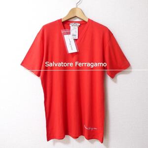 未使用 タグ付き Salvatore Ferragamo サルヴァトーレフェラガモ サイズS ラインストーン ロゴ クルーネック 半袖 Tシャツ カットソー 朱色