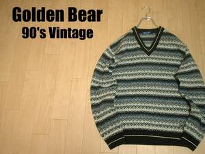 90sビンテージGolden Bearフェアアイル柄ウールセーター美品L正規ゴールデンベアーネイティブ柄ノルディックジャミーソンズスタジャン