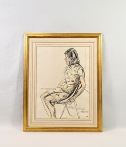 真作 伊東万燿 1968年最晩年 パステル「座る女性」画寸 38cm×45cm 東京都出身 日展依嘱 伊東深水の実子 素早く力強い筆致 表情豊か 8005