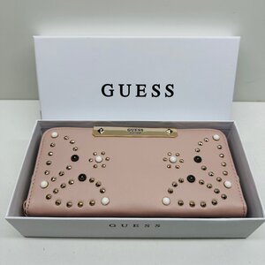 GUESS　ゲス　ラウンドファスナー　ピンク　ストラップ付　 長財布　ロングウォレット　中古