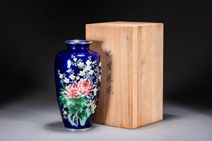 【善古堂】某有名オークション買入 時代物 牡丹文巨大七宝花瓶32CM/2066g 花生 花入 時代共箱 和風インテリア 骨董品 古美術1025-307S1