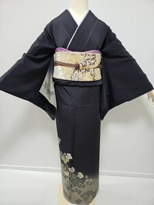 すずや■268正絹金彩付け下げ　裄丈69cm　着丈165cm 　やや藍が混ざった墨系