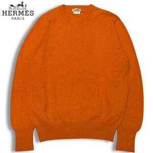 31 正規品 HERMES エルメス Cashmere knit sweater カシミヤ100% ニット セーター クルーネック 英国製 XL オレンジ メンズ