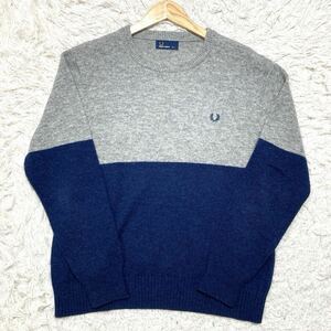 極美品 フレッドペリー【秋冬の王者 人気のLサイズ！】FREDPERRY ニット セーター クルーネック バイカラー 紺色 グレー ロゴ ウール 