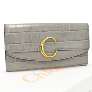 1点限定 クロエ CHLOE C シグネチャー ロングウォレット 長財布 クロコ型押し カーフスキン レザー グレー Chloe