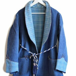 ★50s Bonnington ショールカラー スモーキング ウールガウン L★ビンテージ ブランケット ローブ ロング タバコ チェック ライナー ユーロ