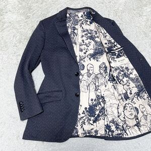 極美品/希少柄 ETRO エトロ NEW JERSEY 裏地 人物 アート 総柄 テーラードジャケット ブレザー ニュージャージー 伸縮性 50 XL相当 