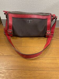 1円 超美品 プラダ PRADA レザー ショルダーバッグ バッグ レッド×ブラウン 希少品 1242-8