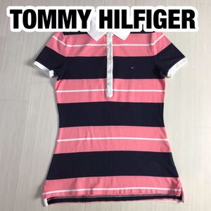 TOMMY HILFIGER トミー ヒルフィガー 半袖ポロシャツ XS ボーダー柄 ピンク×ネイビー×ホワイト ラガーシャツ フラッグタグ 刺繍ロゴ