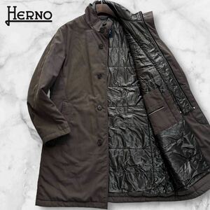 定価30万超!!!脅威のXL相当!!!ヘルノ スタンドカラー ロング コート HERNO 中綿 ダウン 襟ライナー付 ジャケット ブラウン系 50 極暖◎