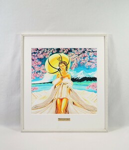 真作 奥津香里命 リトグラフ「unknown」画 47×47cm 大阪府出身 アトリエ☆mikoto☆運営 満開の桜の花と富嶽、黄金色の煌びやかな女性 7912