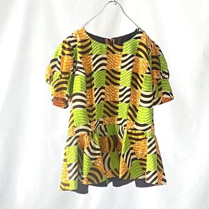 vintage アフリカンバティック　ペプラムトップス　ヴィンテージ　古着　africanbatik バルーンスリーブ　イエロー　グリーン　ブラウン