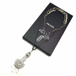 1円 PRADA プラダ ラインストーン ビーズ チェーン ネックレス シルバー k3530