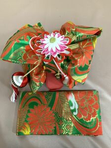 アンティーク　昭和レトロ　七五三　作り帯　女児　３歳用　緑×赤×黄　金糸　箱あり　保管品　