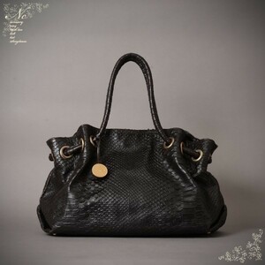 値下!USED*FURLA/フルラ/genuine leather/パイソンレザー型押しハンドバッグ/ブラウン/茶/上品/エレガント/本革