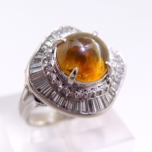 Pt900 プラチナ リング 指輪 クリソベリルキャッツアイ5.320ct ダイヤ0.970ct 14-号 ソーティング付【中古・新品仕上】/30471/10015087