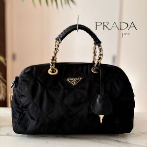 超美品 PRADA プラダ テスート レザーチェーンバッグ＊レディース ハンド トート ショルダー ボストン ブラック 黒 