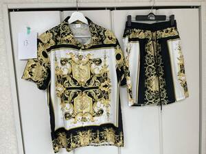 ⑬ ドレス シャツ 半袖 ショート ハーフ パンツ 上下 セット アップ M VERSACE ヴェルサーチ 風 柄シャツ 派手 バロック 総柄 チェーン柄