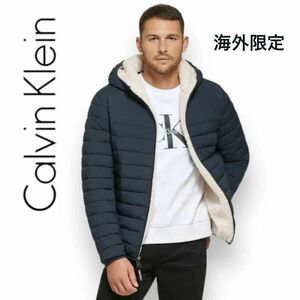 海外限定！ カルバンクライン Calvin Klein 中綿ジャケット ダウン L ネイビー ダウンジャケット 紺色 ボア フード付き メンズ BTS