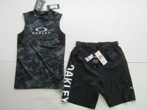 新品◆オークリーOAKLEY ノースリーブ Tシャツ & ショート パンツ M 黒 迷彩 UVカット 吸汗速乾 4WAYストレッチ スポーツ トレーニング /L