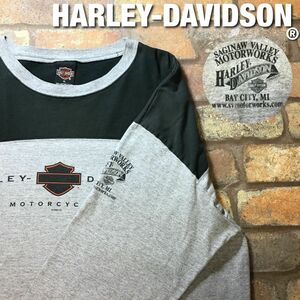 ★大きいサイズ★USA製★正規品★【Harley-Davidson】Saginaw Valley 2色切替 長袖Tシャツ【メンズ XL】チャコール 杢グレー バイク K3-245