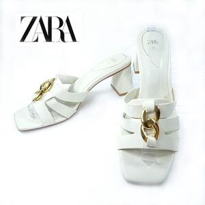 hws01304 ザラ ZARA サンダル スクエアトゥ 金具 チャンキーヒール EU38 ホワイト ミュール グラディエーター