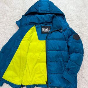 極美品 XL相当 希少カラー DIESEL ディーゼル ダウン ジャケット ライダース 軽量 肉厚 ブルー系 アウター 秋冬 フード 2way ロゴプリント