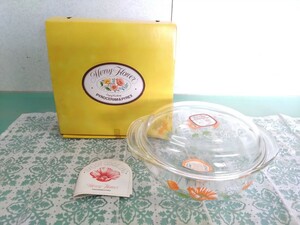 ● 岩城硝子 PYREX パイレックス 蓋付 耐熱ガラス 食器 レトロ ポップ オレンジ 花柄 雑貨 Merry Flower/ENJOY COOKING 箱付/未使用品 ③