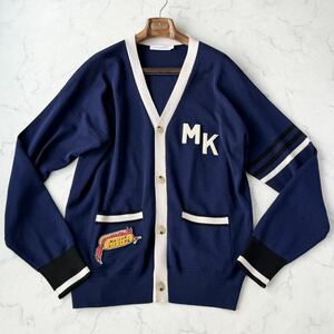 9957 美品!! MAISON KITSUNE exclusive メゾンキツネ ニット カーディガン ホットドッグ フォックス MK ロゴ ワッペン 艶感 ネイビー 紺 M