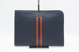 ☆安心の３大保証☆ Bランク ≪PRADA プラダ/L字ファスナークラッチバッグ≫ 2VN003 サフィアーノ レザー クロコ ネイビー オレンジ ライン