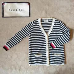 美品◆GUCCI ボーダー カーディガン カシミヤ混 パールボタン ネイビー