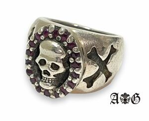 正規品 A&G エーアンドジー クラシック スカル クロスボーン リング 色石 ルビー SV925 指輪 アクセサリー