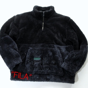 【FILA フィラ】軽量 保温 シェルパフリース ボア ハーフジップ プルオーバー L!! （オーバーサイズ 紺/黒 バイカラー）