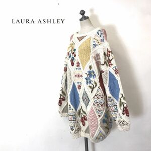 1N1802-D◆old◆ LAURA ASHLEY ローラアシュレイ ローゲージニット ワンピース セーター ◆ sizeM ホワイト マルチ ウール100 古着