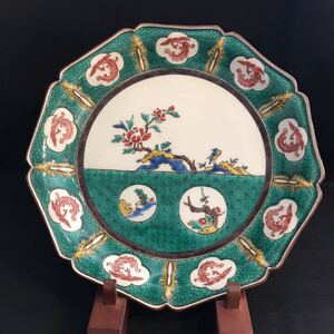 古九谷 大皿　九谷焼 飾皿 初代徳田八十吉作 色絵花鳥図　九角平鉢　コレクター放出品　蔵出し