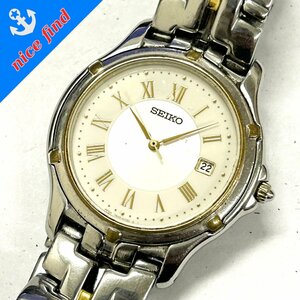 稼動品◆セイコー SEIKO◆ラウンドフェイス 7N32-0100 クォーツ 腕時計 メンズ ウォッチ アイボリー系文字盤 SS METAL デイト 不動品