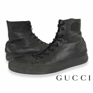 正規品 GUCCI グッチ アイコン ロゴパッチ ハイカット レザー スニーカー レースアップ シューズ ブラック イタリア製